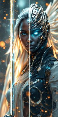 The primary subject of the image is a woman with blonde hair, wearing a futuristic outfit and holding a sword. The setting is a dark room with a backdrop of a brightly lit area. The visual style is a digital art or illustration, with the woman's outfit and the sword being the main focus of the image. The colors are predominantly dark, with the brightly lit area providing a contrasting element. The overall atmosphere is one of strength and determination, as the woman is portrayed